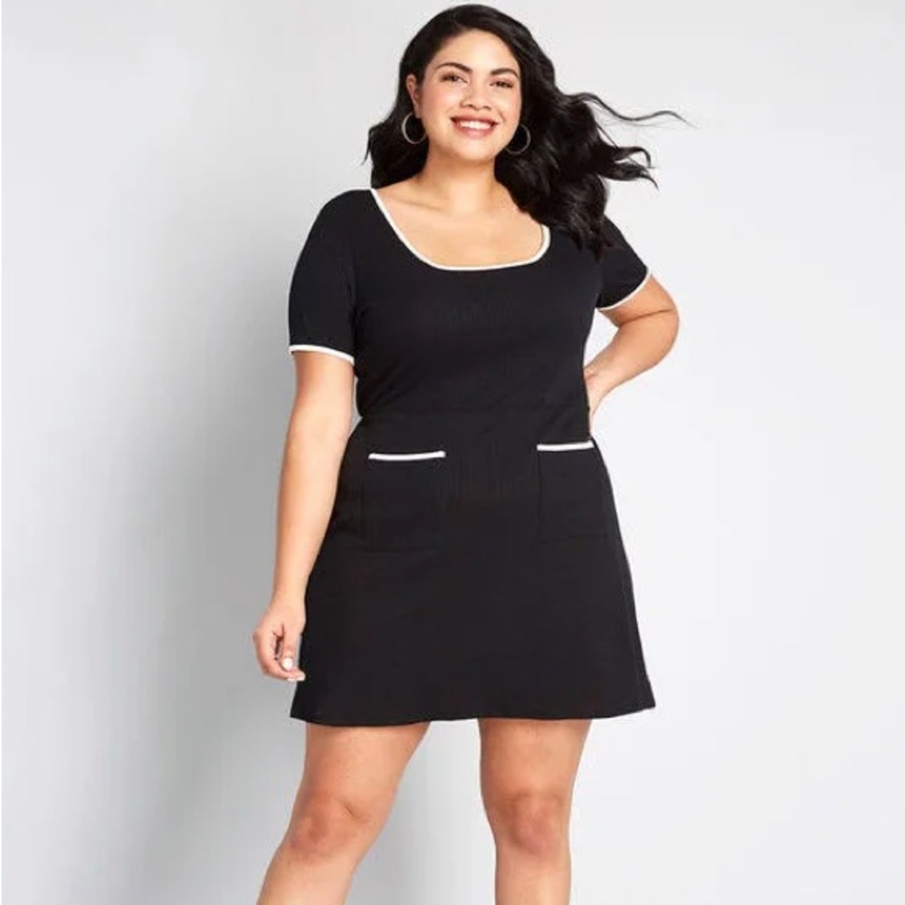 Modcloth ribbed black with white trimmed a-line dress with pocket detail XL